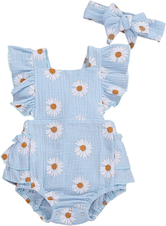 Baby Girls Daisy Playsuits Ruffled Bodysuit+Headband Print Fly Sleeve Romper Floral Jumpsuit Infant Summer Clothes