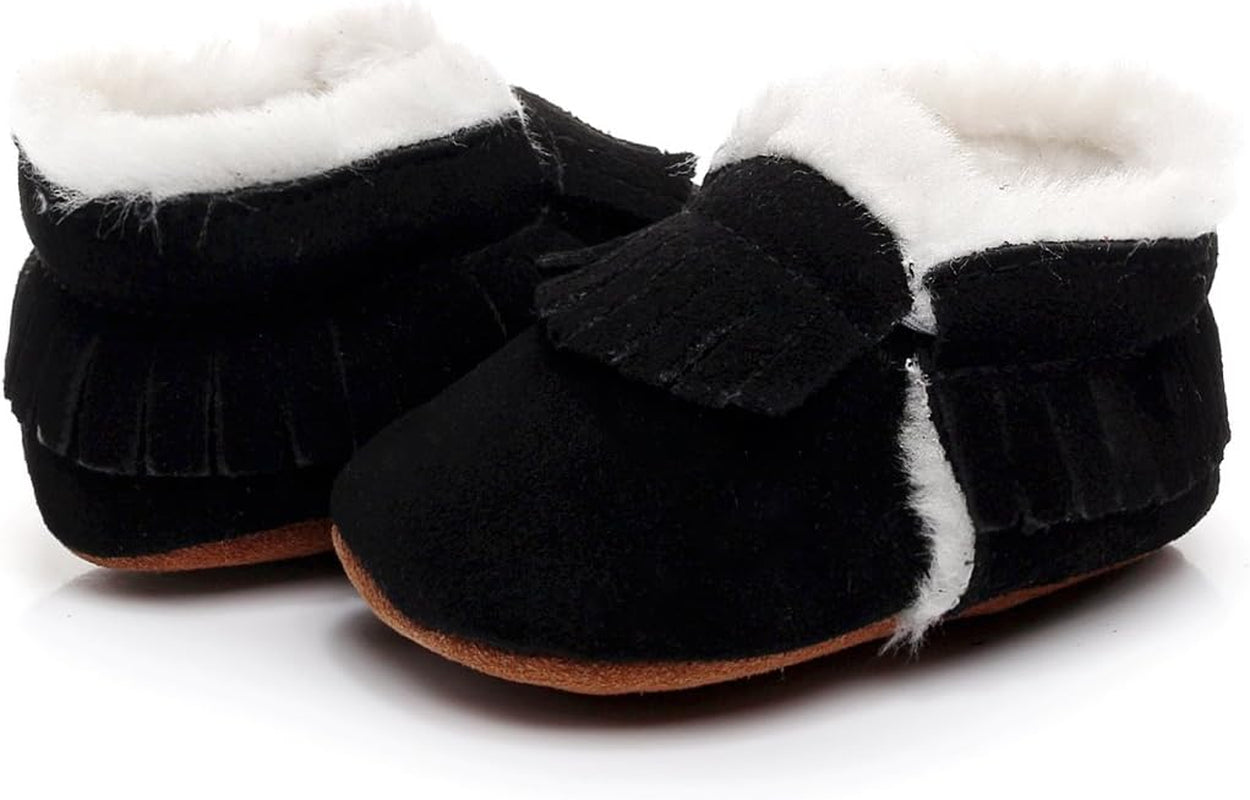 Baby Moccasins with Fur Fleece Rubber Soles Warm Snow Boots Leather Baby Shoes for Boys Girls