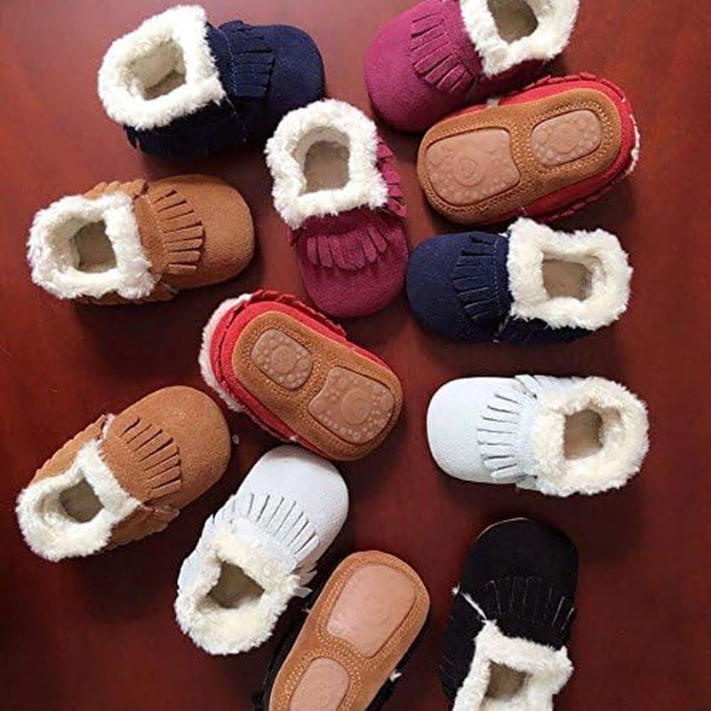 Baby Moccasins with Fur Fleece Rubber Soles Warm Snow Boots Leather Baby Shoes for Boys Girls