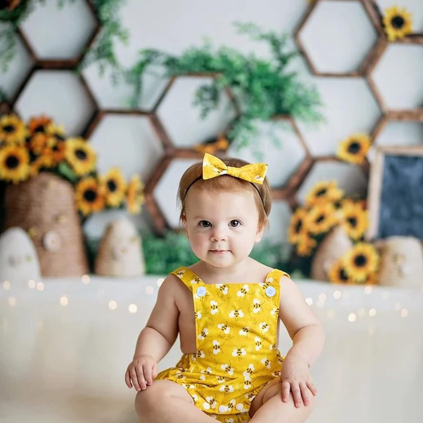 Baby Girl Sunsuit Set Toddler Honey Bees Romper Sleeveless Bodysuit with Headband Summer Outfits