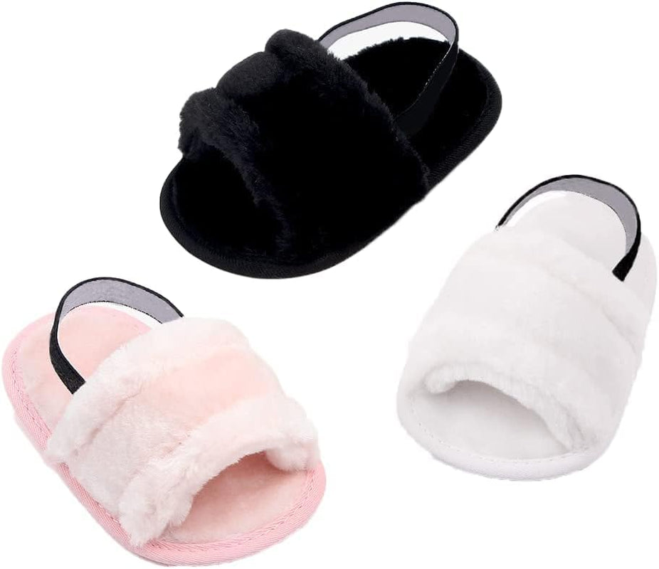 Infant Baby Girls Sandals Faux Fur Slides with Elastic Back Strap Flats Slippers Princess Dress First Walker Moccasins Shoes