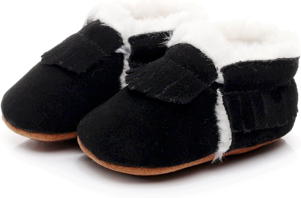 Baby Moccasins with Fur Fleece Rubber Soles Warm Snow Boots Leather Baby Shoes for Boys Girls