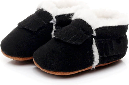 Baby Moccasins with Fur Fleece Rubber Soles Warm Snow Boots Leather Baby Shoes for Boys Girls