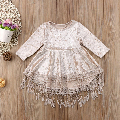 Vintage Princess Kids Baby Flower Girls Dress Silver Velvet Tassels Party Dresses Outfit