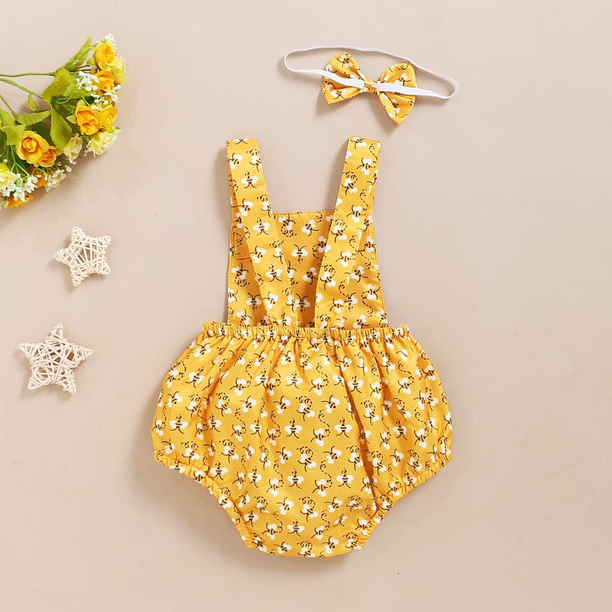 Baby Girl Sunsuit Set Toddler Honey Bees Romper Sleeveless Bodysuit with Headband Summer Outfits