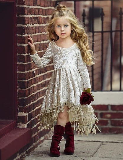 Vintage Princess Kids Baby Flower Girls Dress Silver Velvet Tassels Party Dresses Outfit