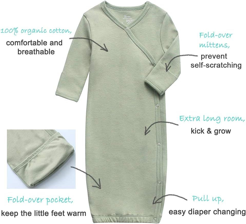 O2BABY 100% Organic Cotton Kimono Gown with Mittens & Fold-Over Pouch