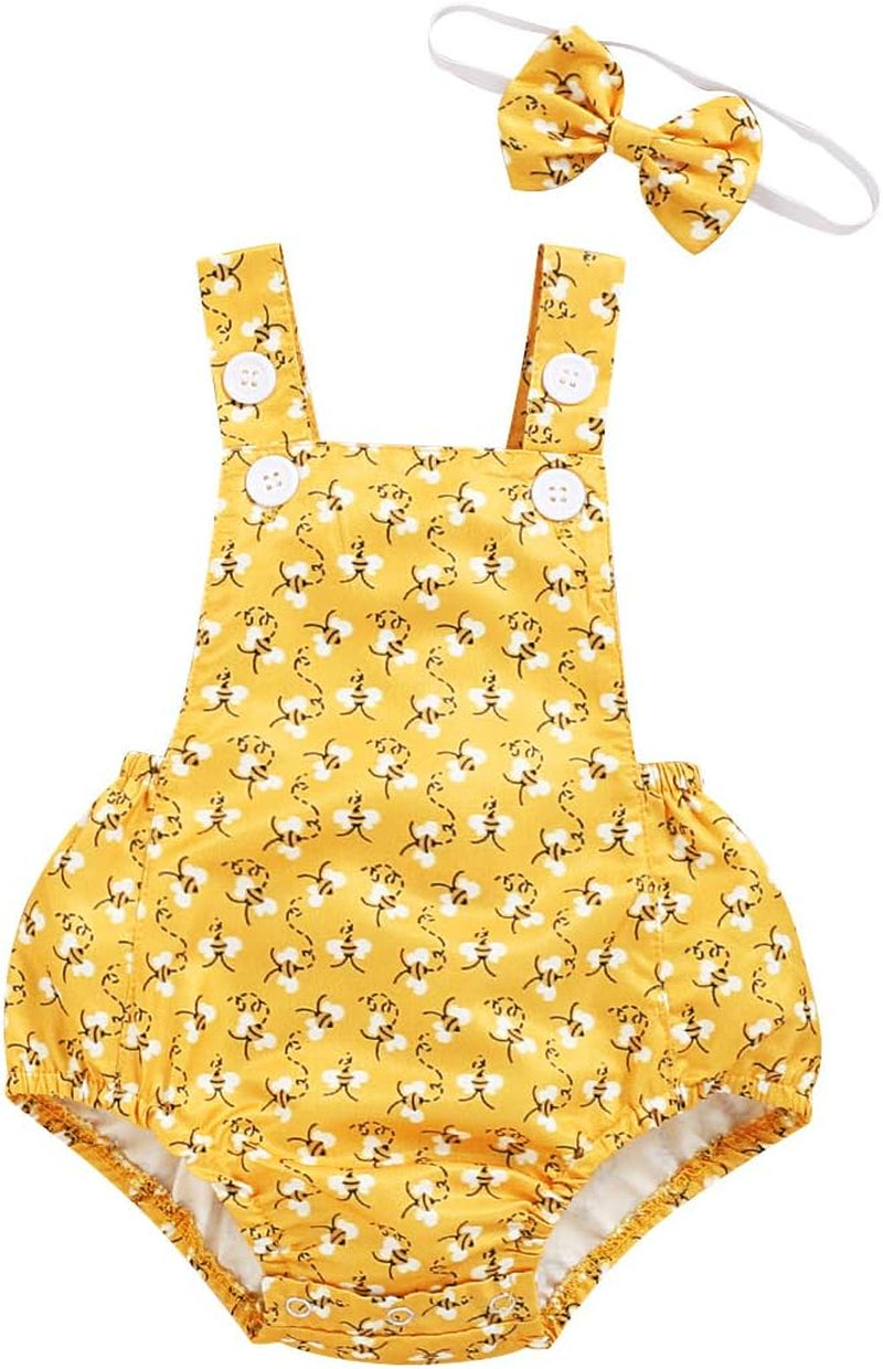 Baby Girl Sunsuit Set Toddler Honey Bees Romper Sleeveless Bodysuit with Headband Summer Outfits