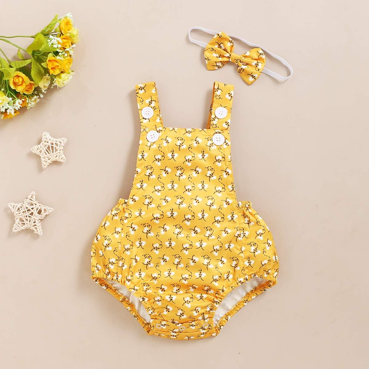 Baby Girl Sunsuit Set Toddler Honey Bees Romper Sleeveless Bodysuit with Headband Summer Outfits