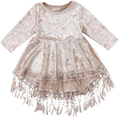 Vintage Princess Kids Baby Flower Girls Dress Silver Velvet Tassels Party Dresses Outfit