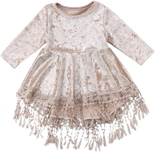 Vintage Princess Kids Baby Flower Girls Dress Silver Velvet Tassels Party Dresses Outfit