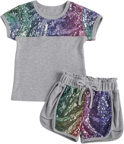 Toddler Baby Girl Summer Clothes Sequins Pocket Top T-Shirts Shorts Set Mamas Little Cowgirl Outfit