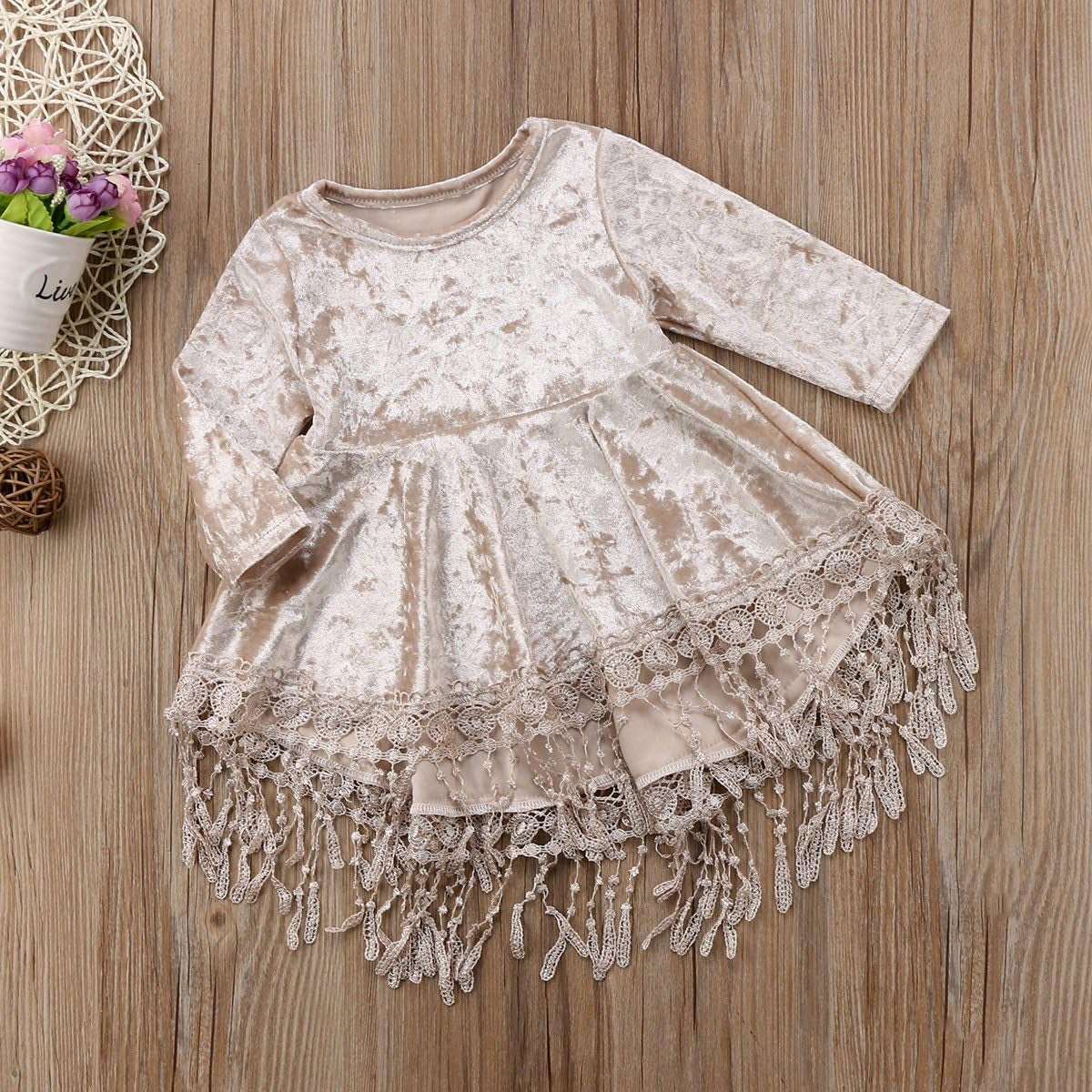 Vintage Princess Kids Baby Flower Girls Dress Silver Velvet Tassels Party Dresses Outfit