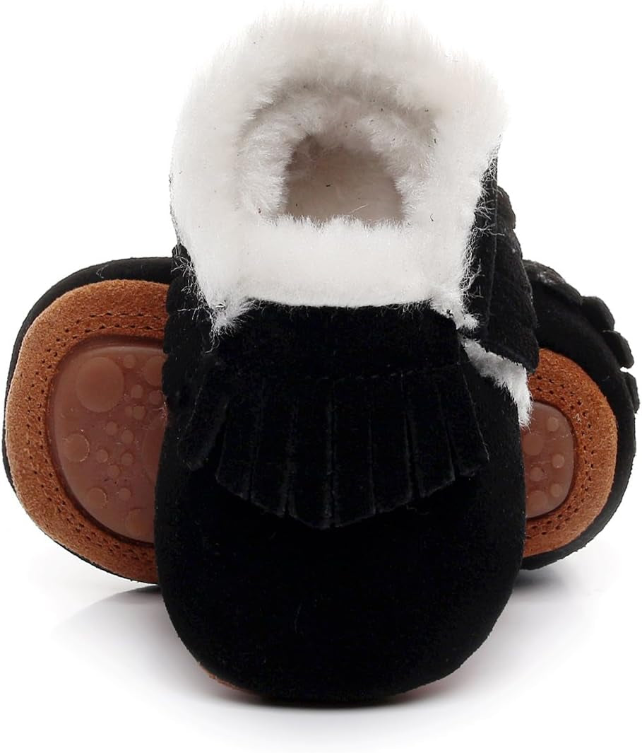 Baby Moccasins with Fur Fleece Rubber Soles Warm Snow Boots Leather Baby Shoes for Boys Girls